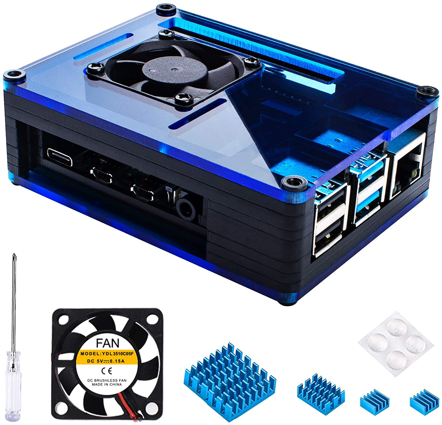 Raspberry Pi 4 With 35mm Cooling Fan And 4 Pcs Aluminum Heat Sink Black And Blue