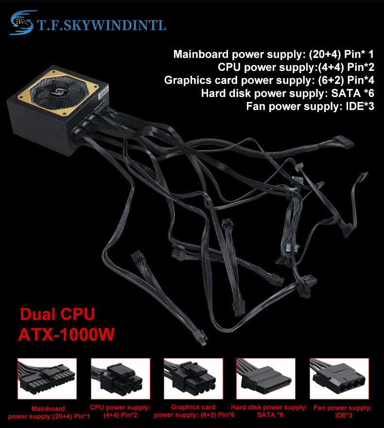 ATX 1000W Full Modular Power Supply, 80+ Bronze Dual CPU PC PUS with ARGB Fan