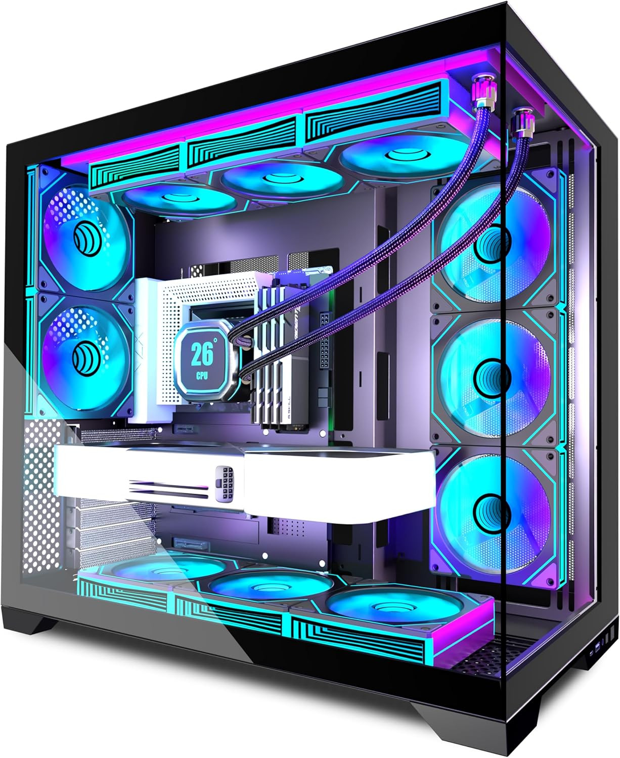 PC CASE 9 PWM ARGB Fans Pre-Installed, Mid-Tower Gaming PC Case, Panoramic Temp