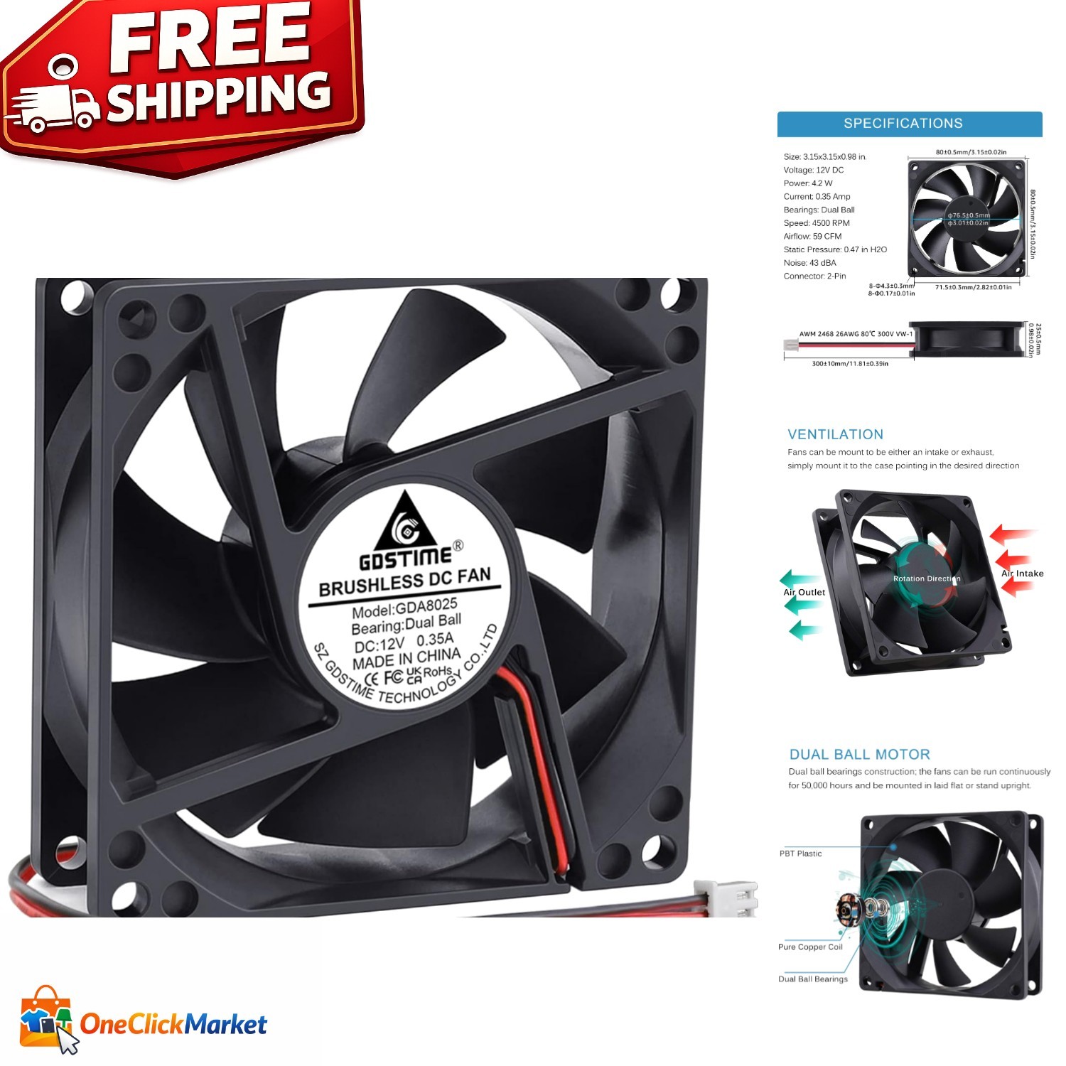 Brushless 80mm Cooling Fan with Dual Ball Bearings – Quiet 39 dBA Operation