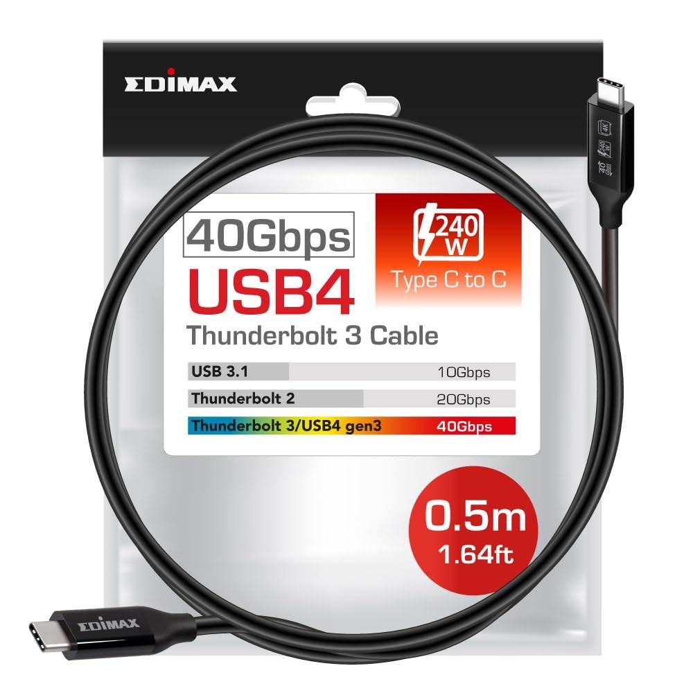 Edimax USB4 Thunderbolt 3 USB-C Cable, 1.6 Ft / 0.5 Meter, up to 40Gbps Black