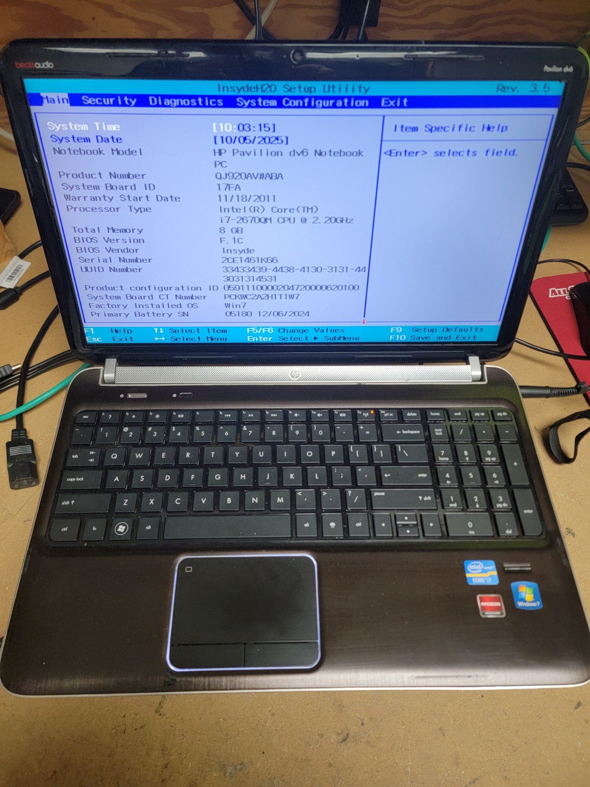HP Laptop dv6t-6b00 Laptop, i7-2670qm, 8GB Ram, HD 6700m, BluRay Player – NO HDD