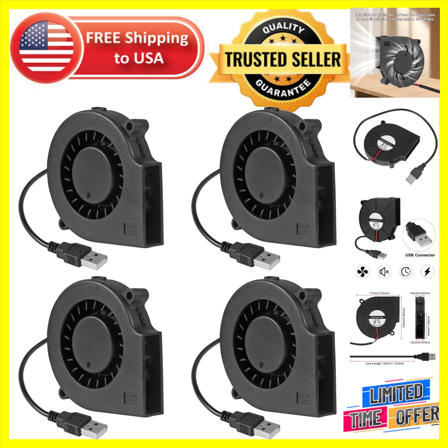 Energy-Efficient 75mm USB Brushless Fans – Ideal for 3D Printing and Electronics
