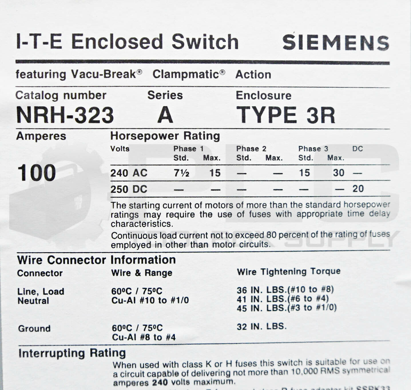 NEW SIEMENS ITE NRH323 SER A HEAVY DUTY SAFETY SWITCH TYPE 3R 100A NRH-323