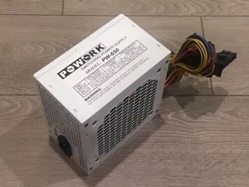 Brand NEW–Powork WHITE 650w-MAX ATX Power Supply 12cm-Fan 20+4Pin, SATA & 6-Pin