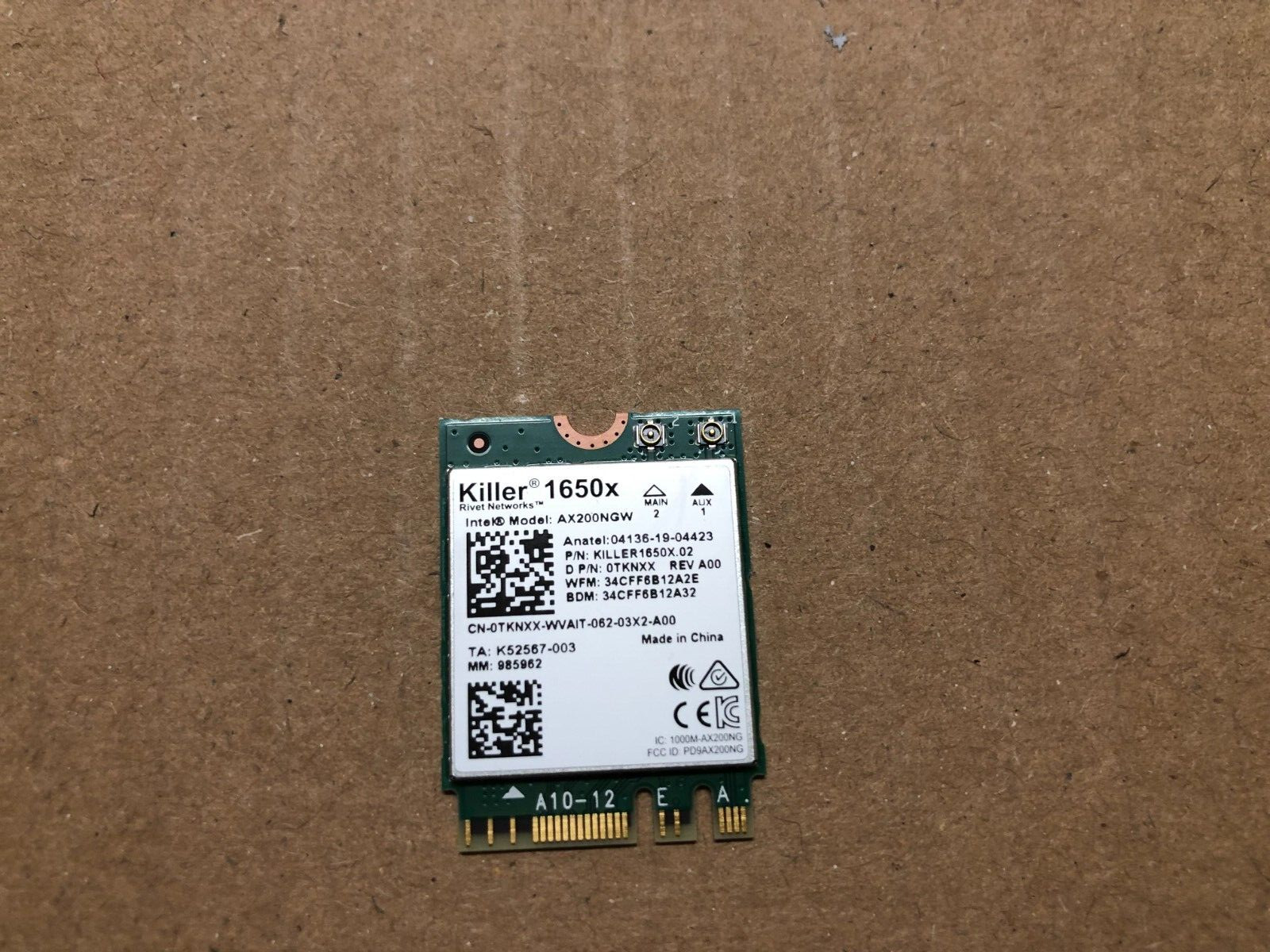 Intel AX200NGW Killer 1650X Wi-Fi 6 2.4Gbps Dual Band Bluetooth 5.1 TKNXX