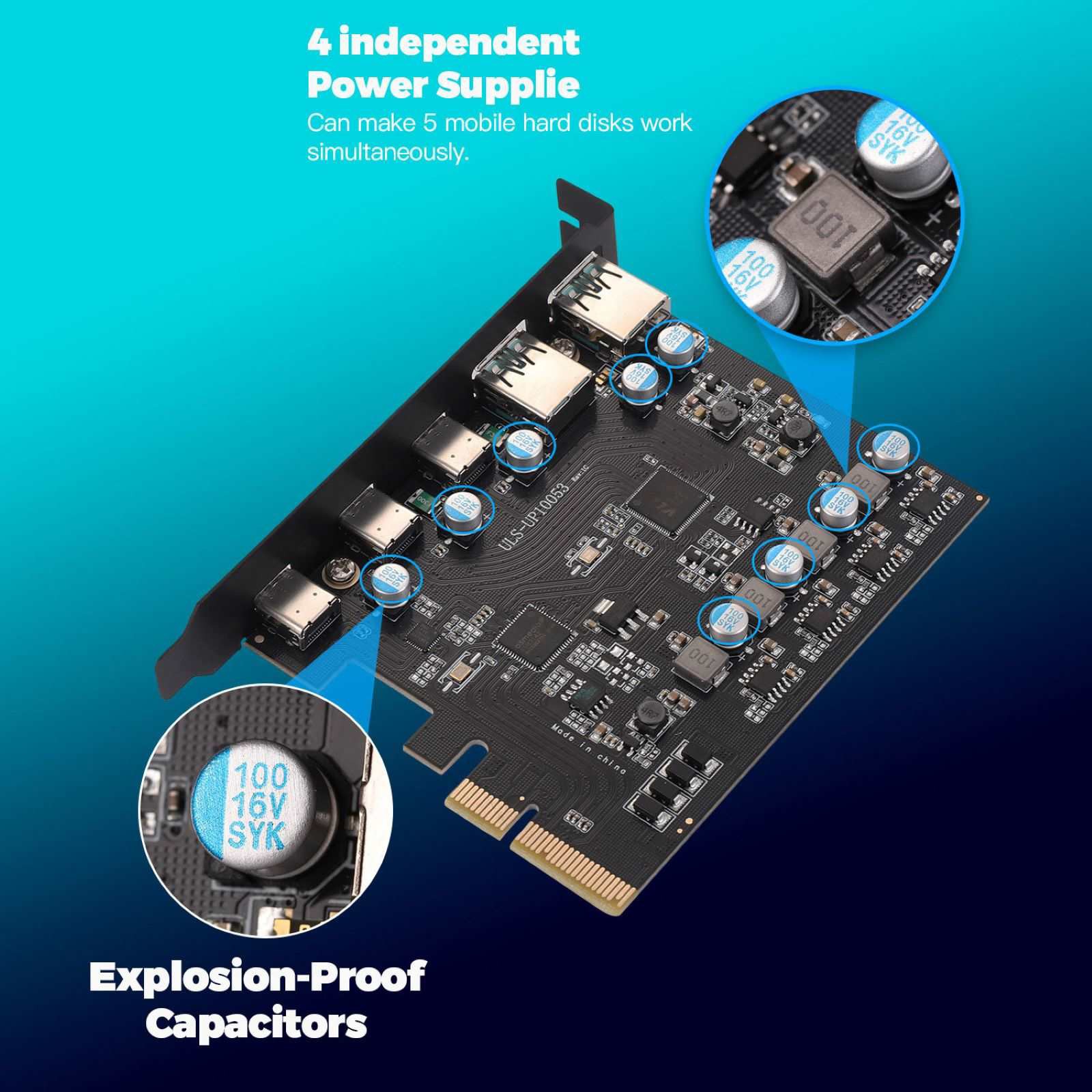 PCIe to Expansion Card 20 Gbps Bandwidth 5 Ports( 2*USB-A 3*USB-C) For Win