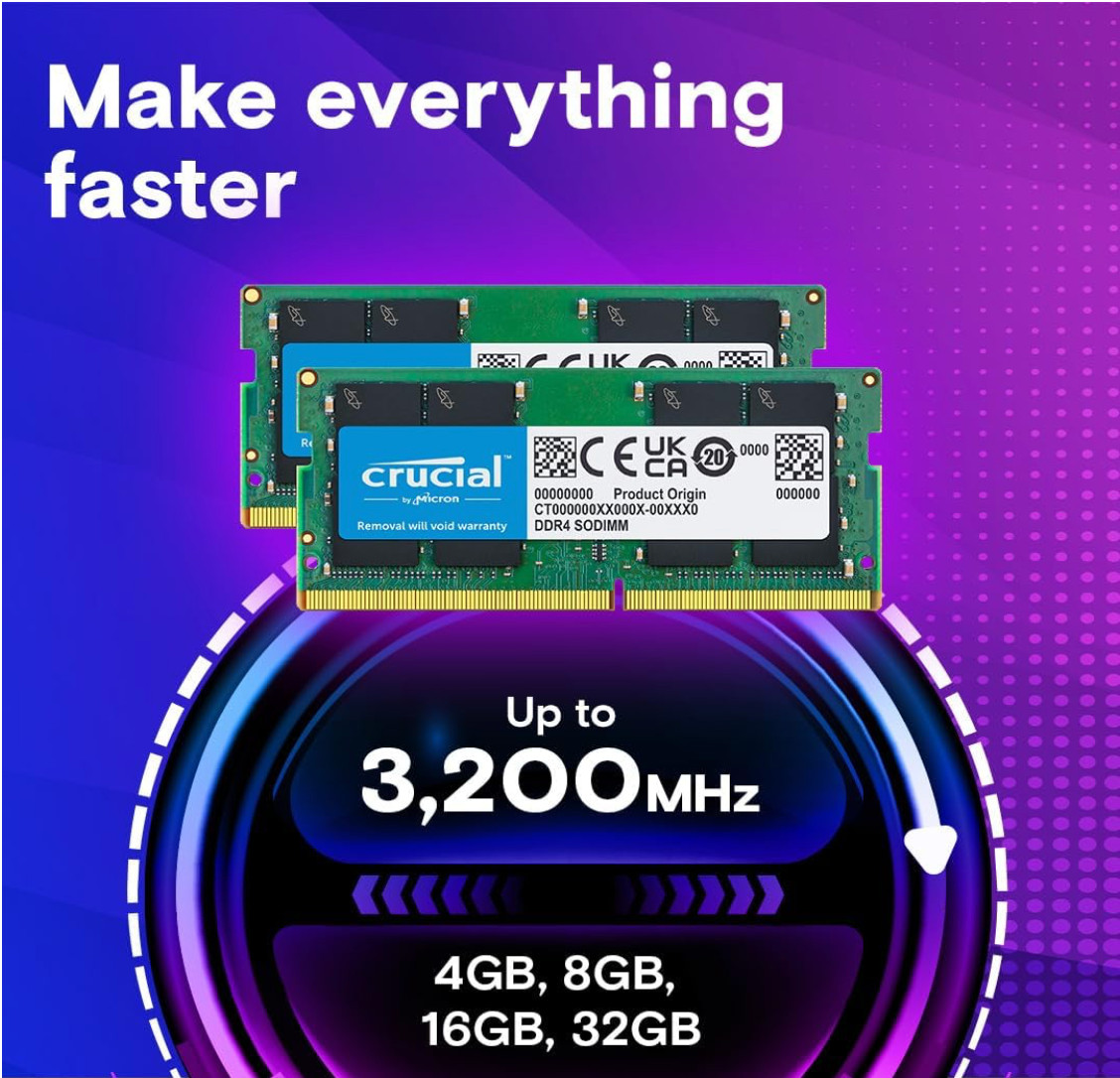 Crucial 32GB KIT 2 x 16GB DDR4 3200MHz PC4-25600 SODIMM Memory CT2K16G4SFRA32A