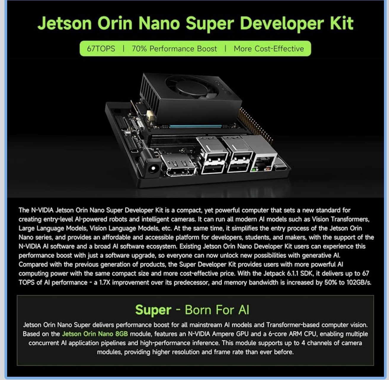 NVIDIA Jetson Orin Nano Super AI Development Kit , 8GB Memory