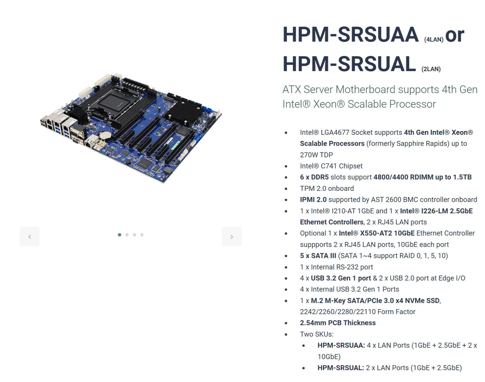 BCM HPM-SRSUAA-A1R Intel LGA 4677 ATX Server Motherboard, PCIe 5.0×16, DDR5 ECC