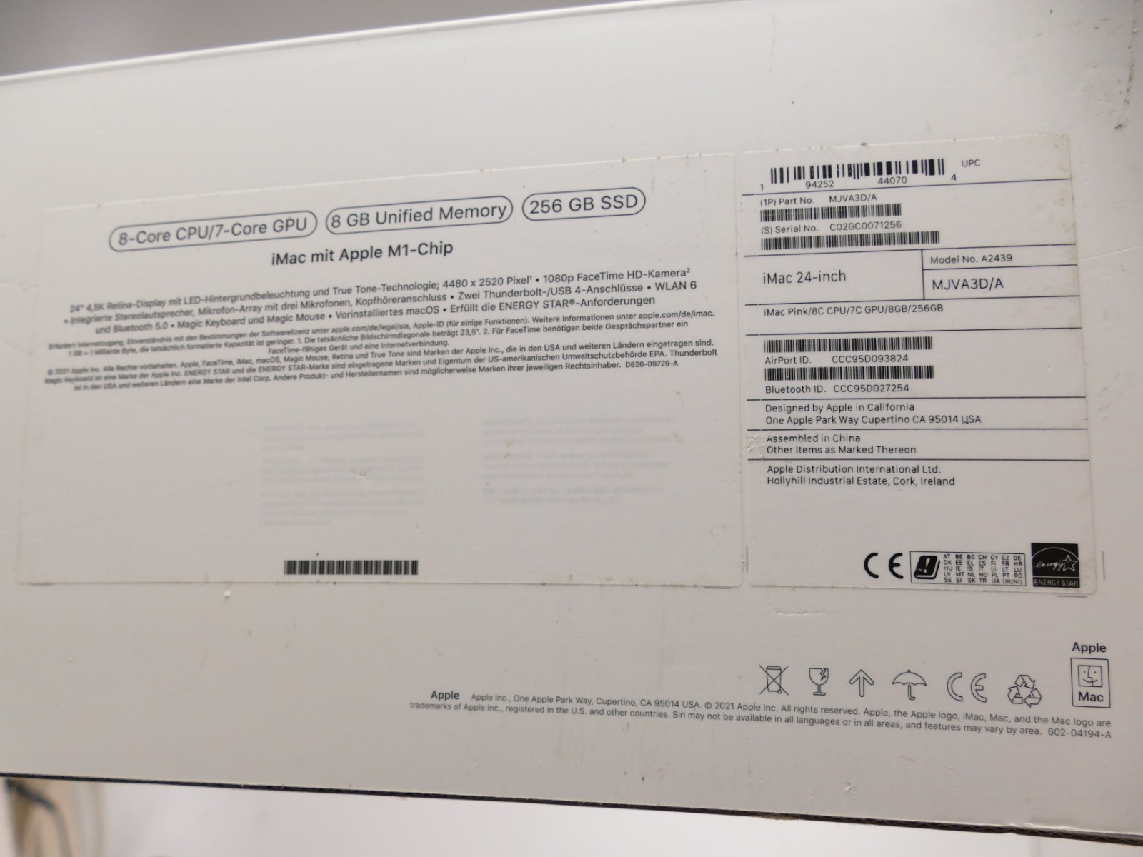 Boxed iMac 24-inch Model No. A2439 iMac Pink/8C Box Only V-504