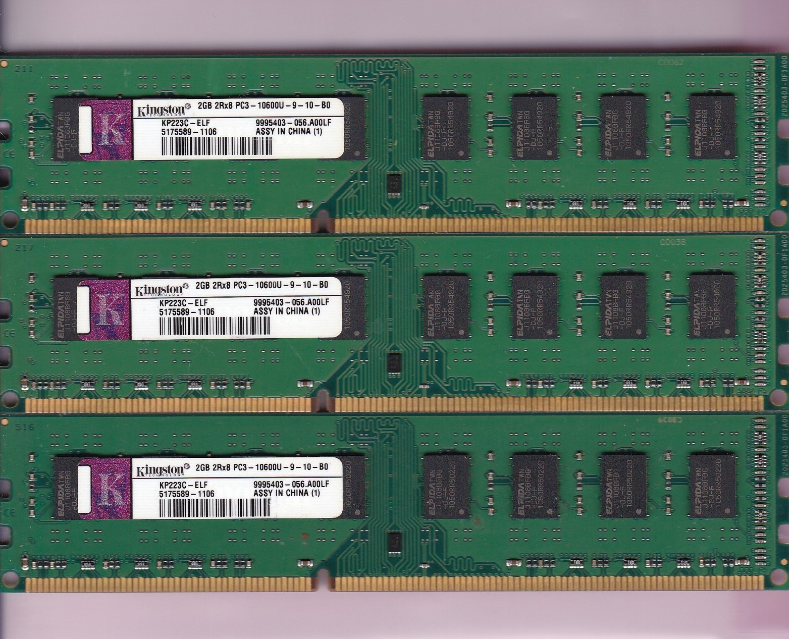 6GB 3x2GB PC3-10600 DDR3-1333 KINGSTON KP223C-ELF Desktop Ram Kit Elpida Chips