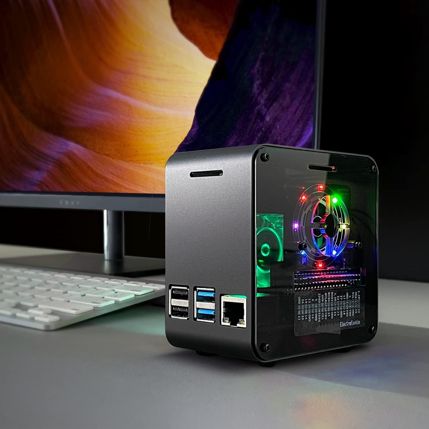 Raspberry Pi 4 Case, Aluminum Mini Tower Case with Cooling Fan and Color Changin