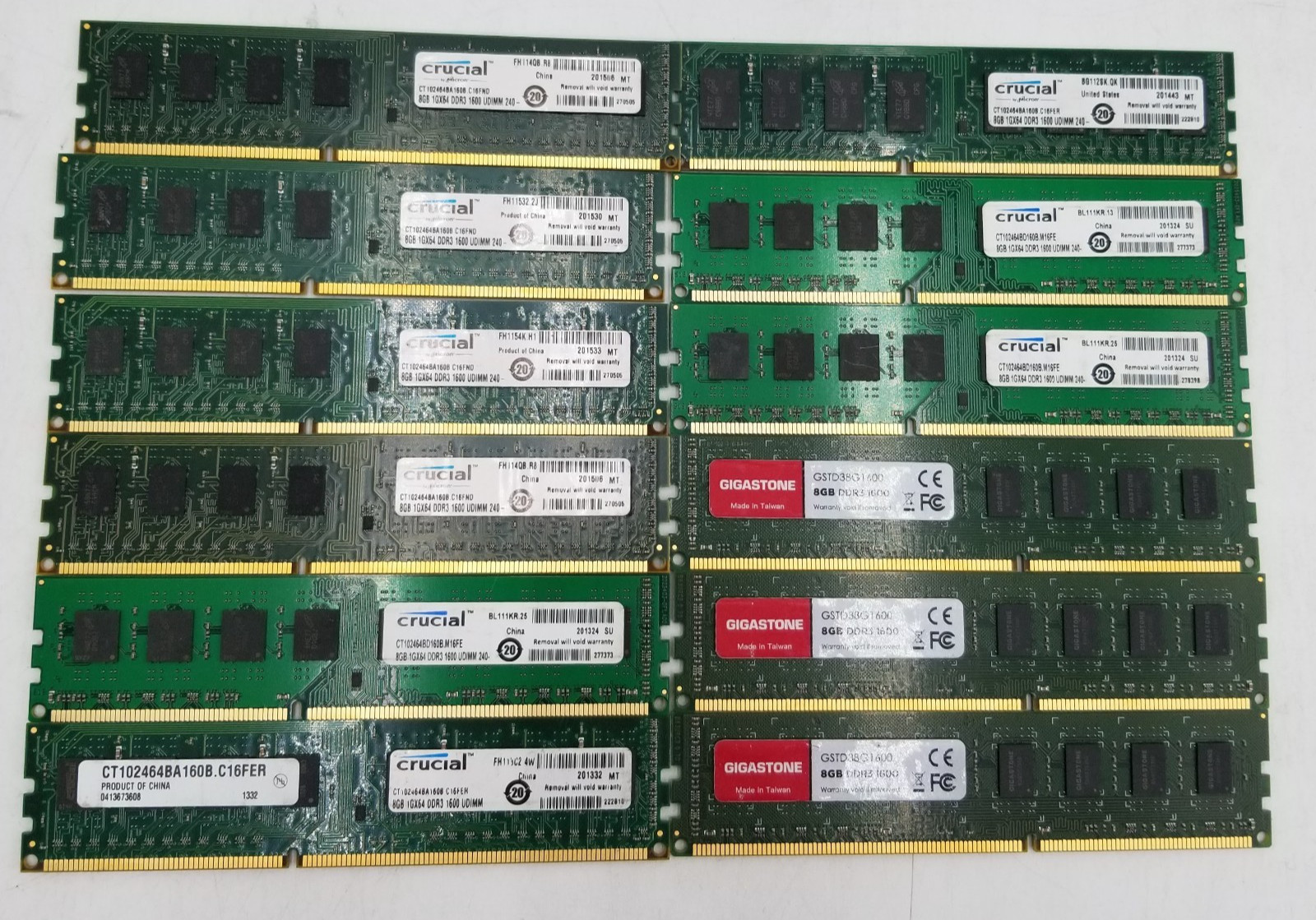 LOT OF (12) CRUCIAL/GIGASTONE DDR3L 1600Mhz PC3L Desktop Memory Ram