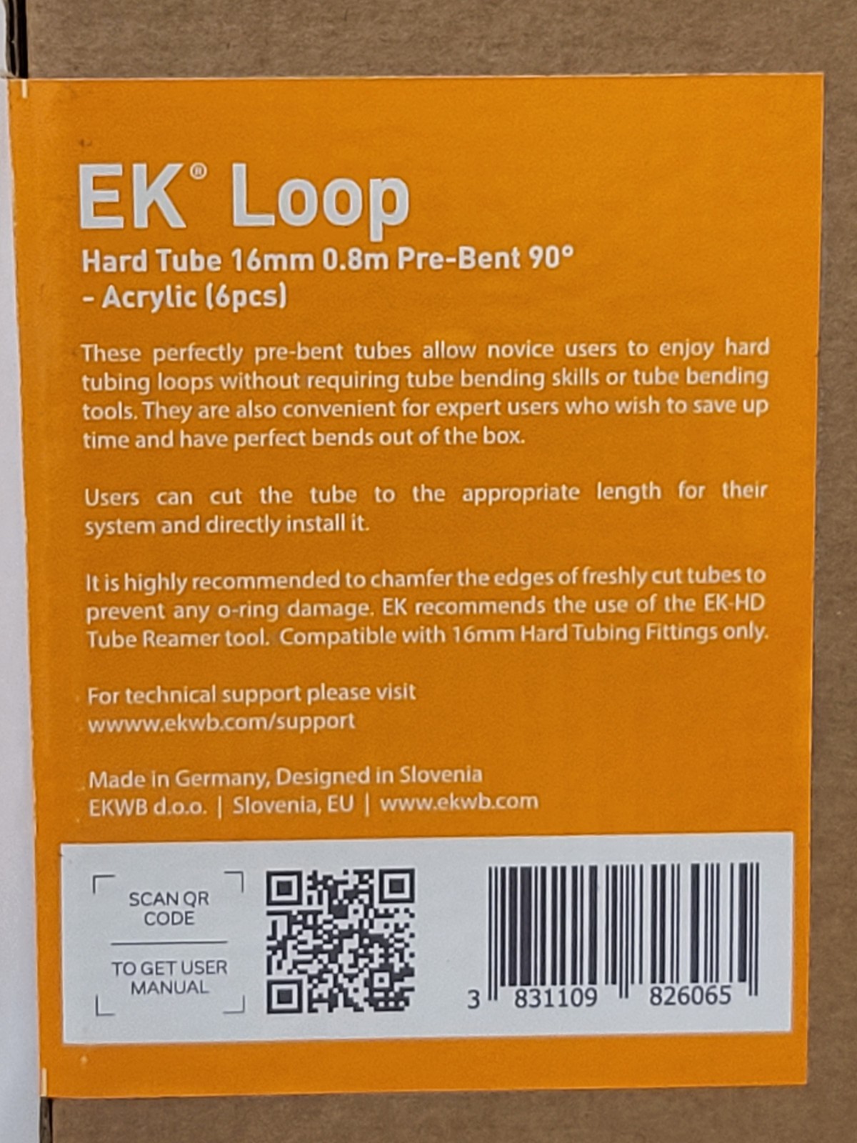 EKWB EK-Loop Hard Tube 16mm 0.8m – Pre-Bent 90 Degree – Acrylic (6 pcs) – New