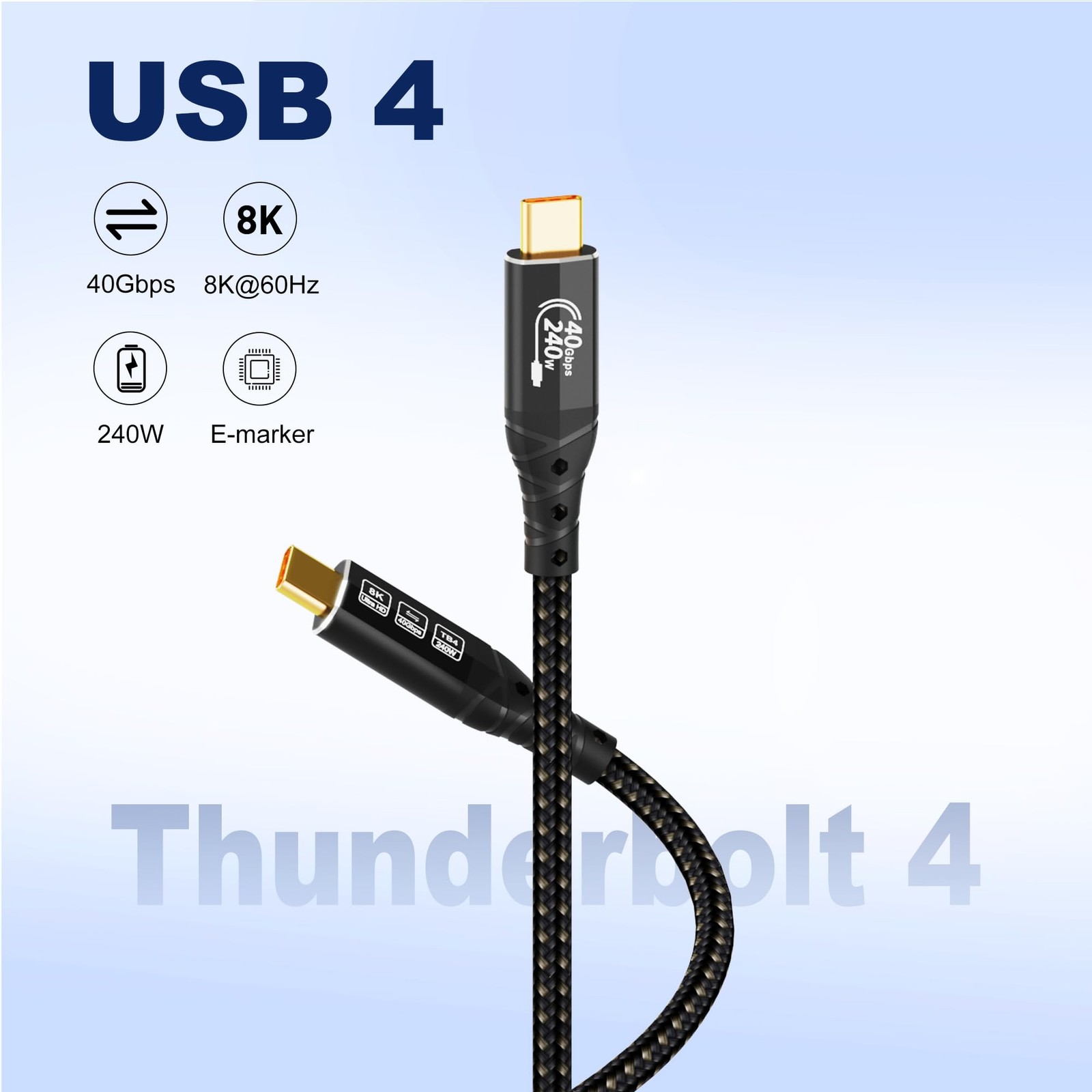 ZIKNYDO 40Gbps for Thunderbolt 4 Cable 6.6FT/2m, USB 4 Data Cable, 6.6FT*1