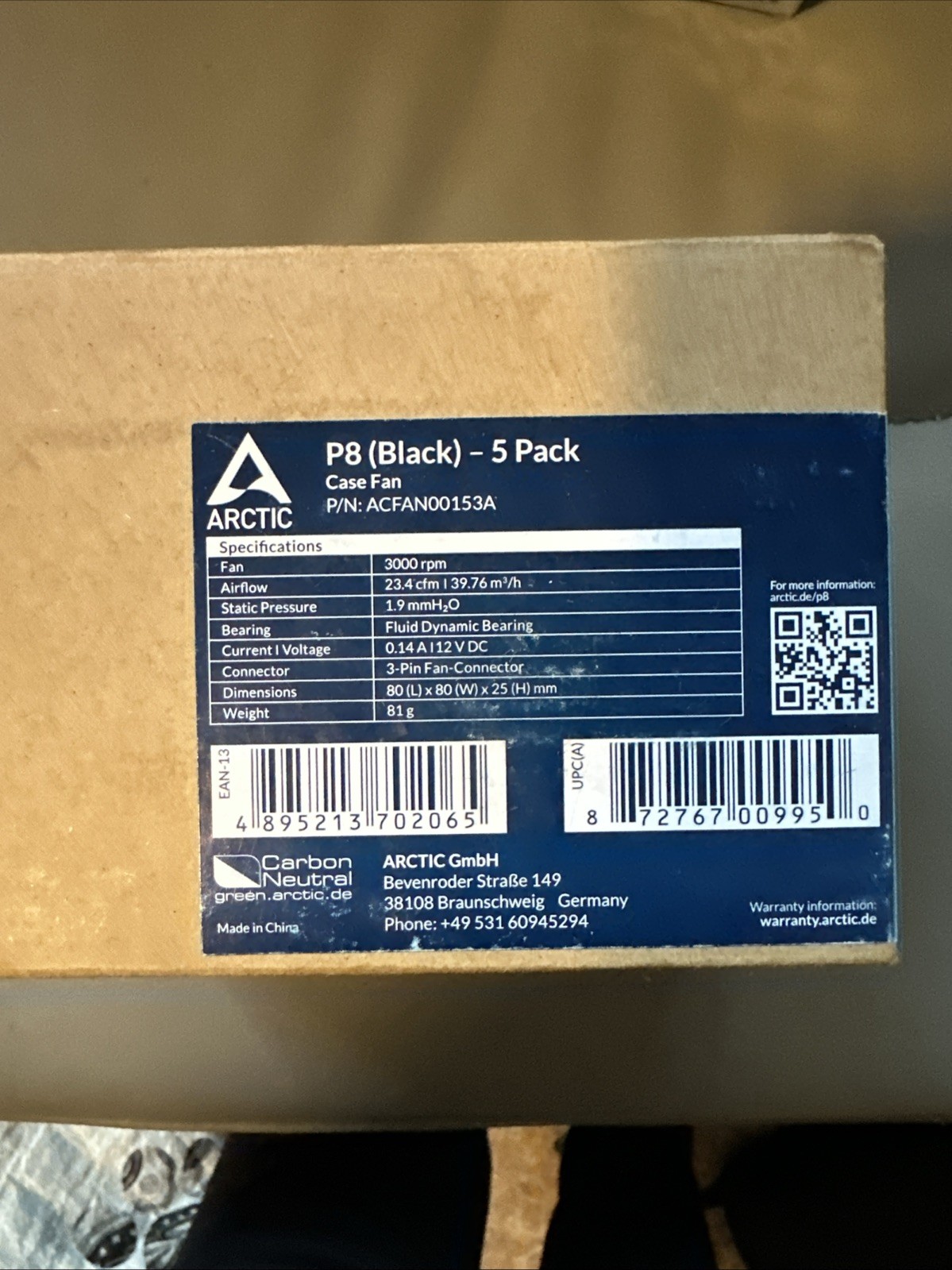 ARCTIC P8 (Black) 5 Pack 80 mm Case Fan quiet motor Computer 3000 RPM PC