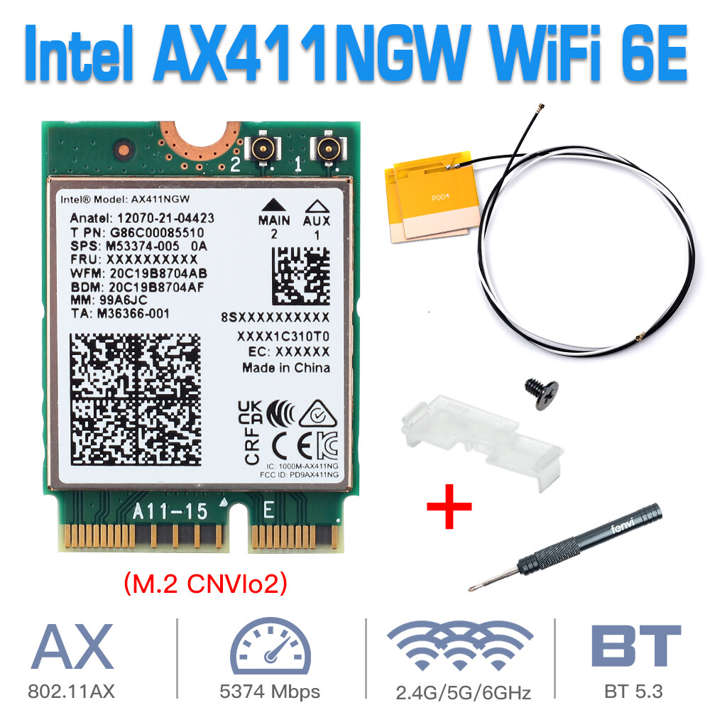 Intel AX411NGW M.2 WiFi 6E CNVio2 BT5.3 Network Wireless Card with WiFi Antennas