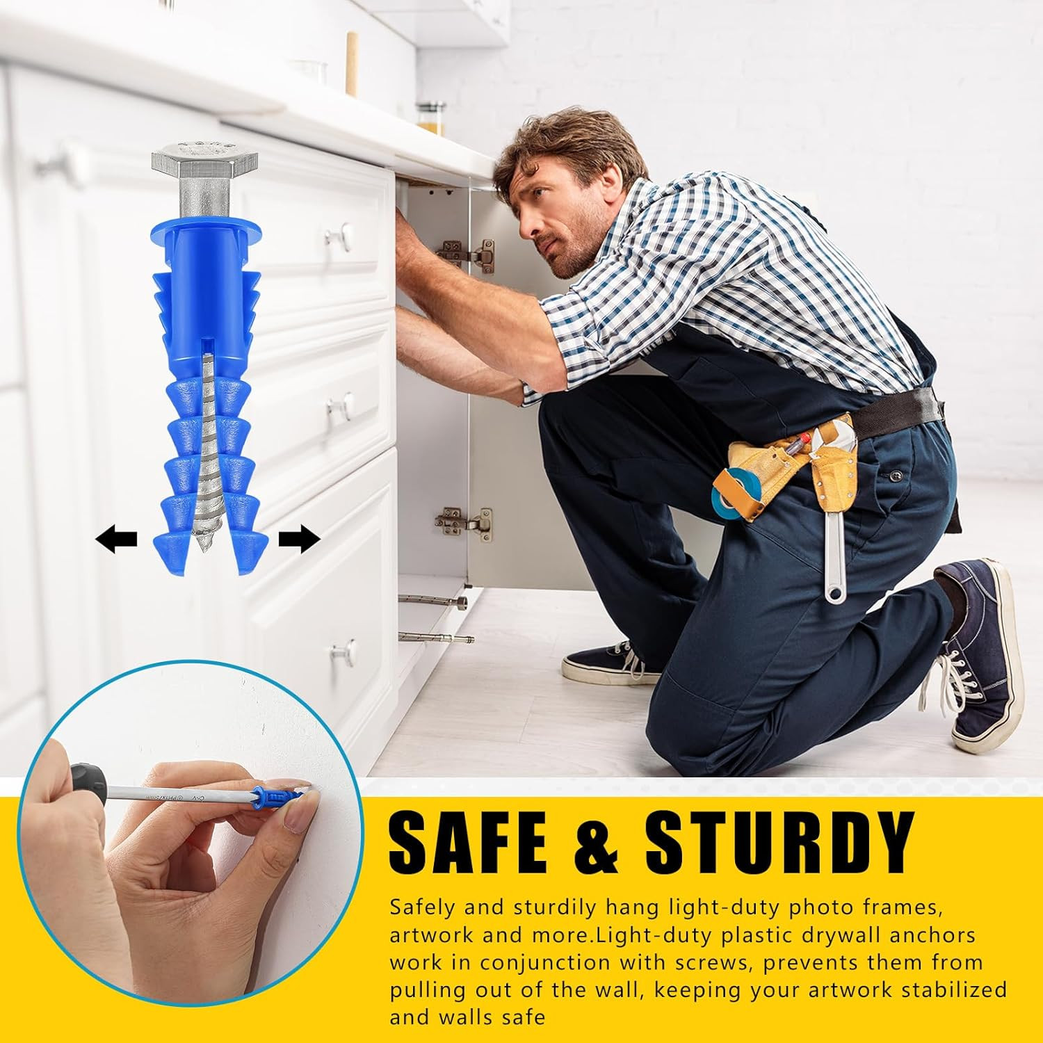 500PCS #8–12 x 1-1/4″ Ribbed Plastic Drywall Anchors for Hollow Walls Blue