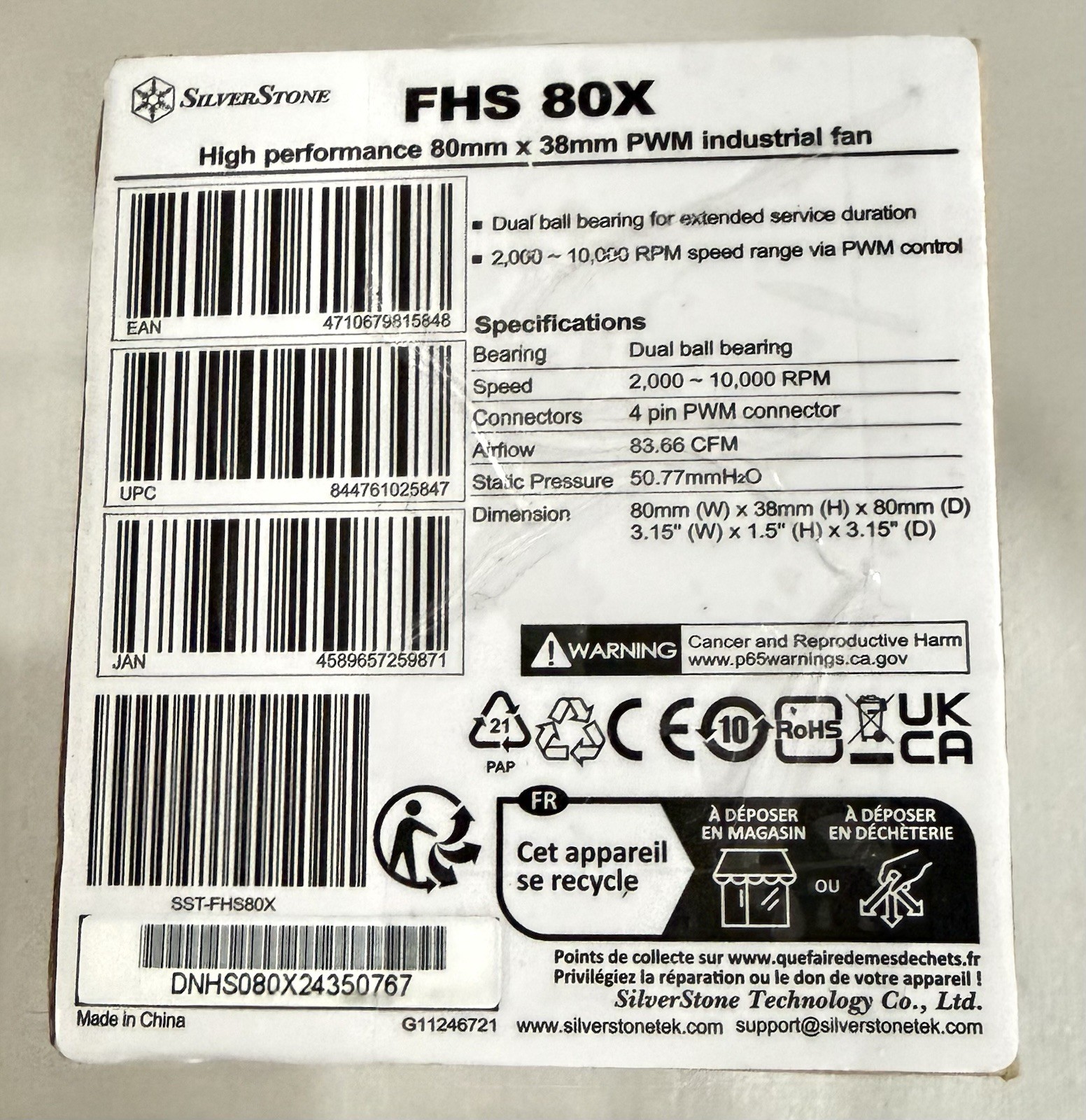 SilverStone FHS80X High Performance 80mm x 38mm PWM Industrial Fan
