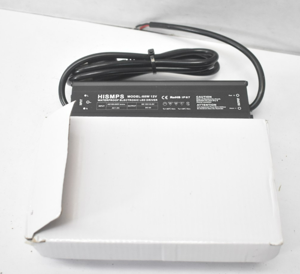 HISMPS 60W 12V Waterproof IP67 Power Supply 100V-240V AC To 12V 3 Prong Plug