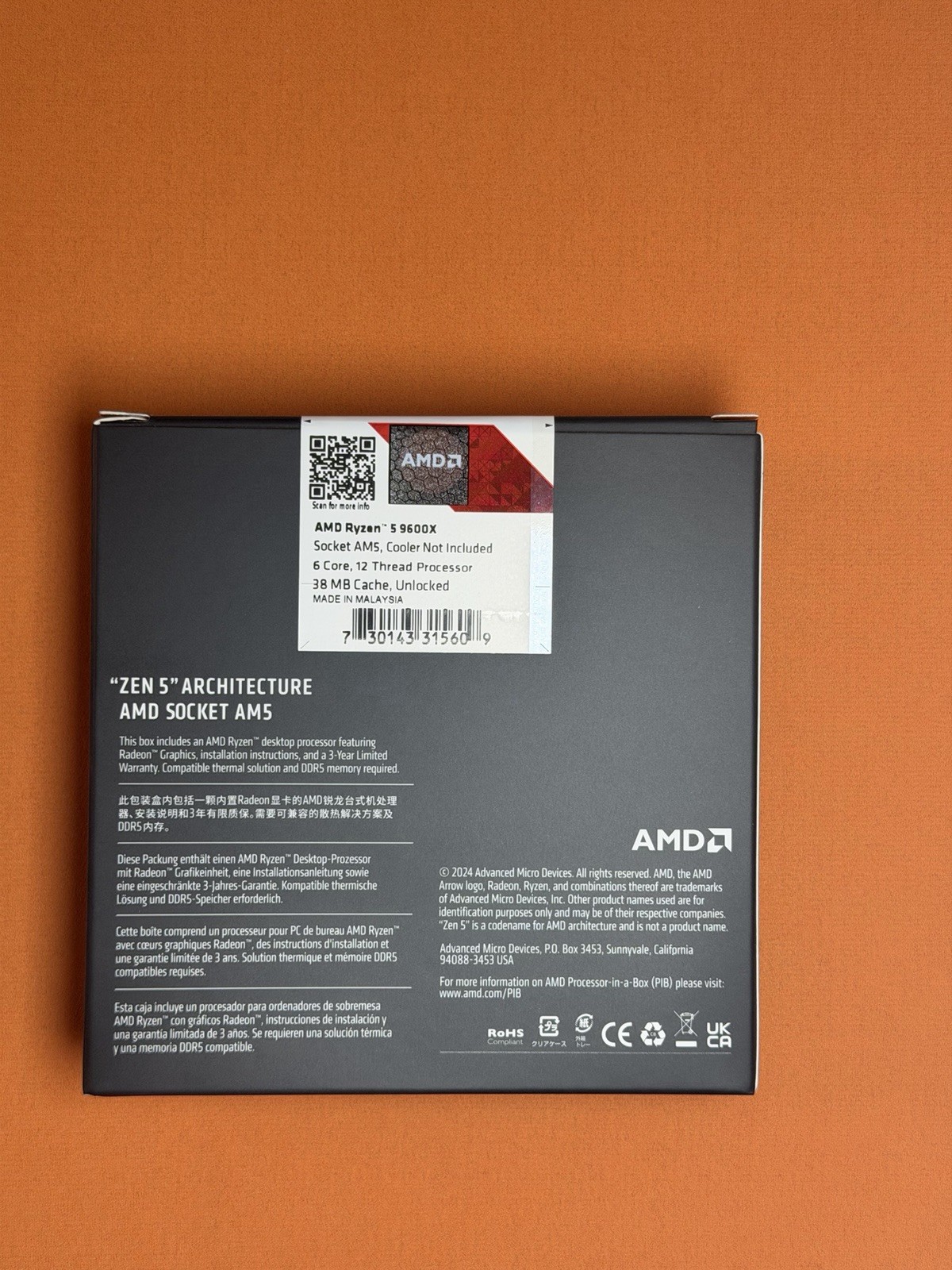 AMD Ryzen 5 9600X – Granite Ridge (Zen 5) 6-Core 3.9 GHz – AM5 CPU Processor