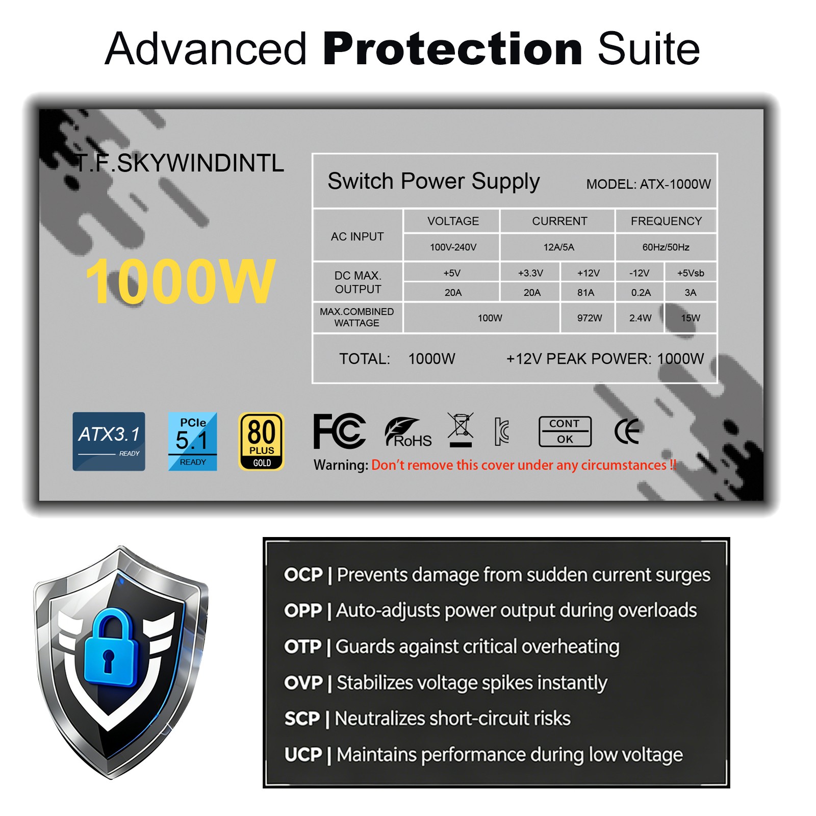 1000W Fully Modular Power Supply 80+ Gold, ATX 3.1&PCIe 5.1, Low-Noise Smart Fan