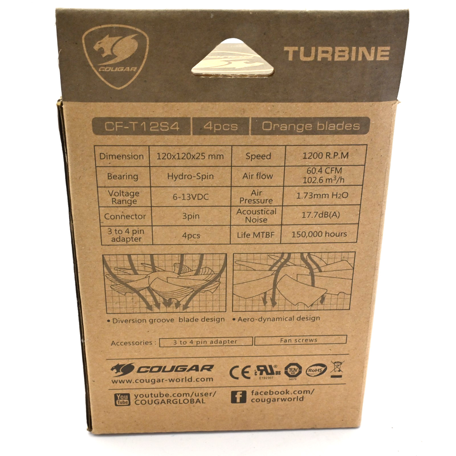 Lot of 4x Cougar CF-T12S4 120x120x25mm Case Fan 4-Pin PWM Orange Blades