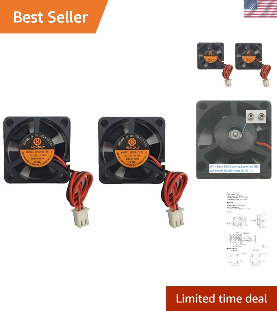 2-Pack 30mm DC Brushless Cooling Fan 12V – 10000RPM, Certified Efficiency