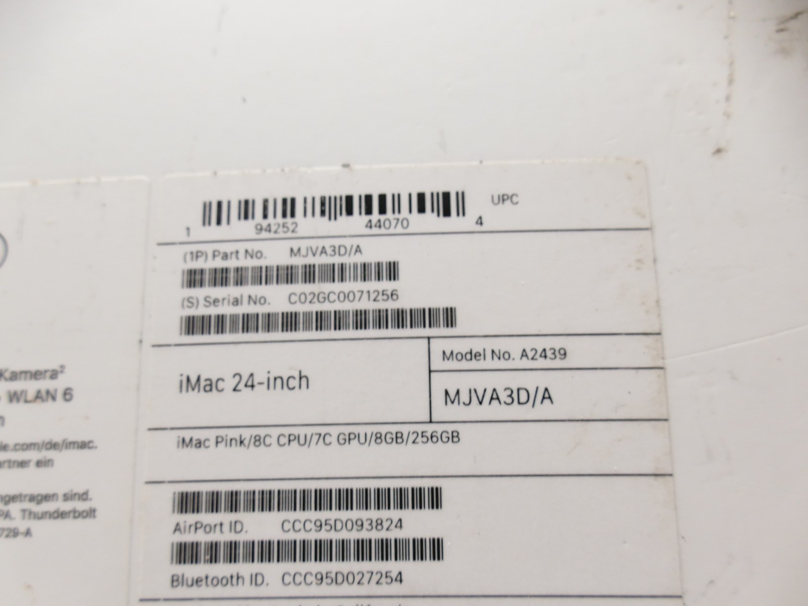 Boxed iMac 24-inch Model No. A2439 iMac Pink/8C Box Only V-504