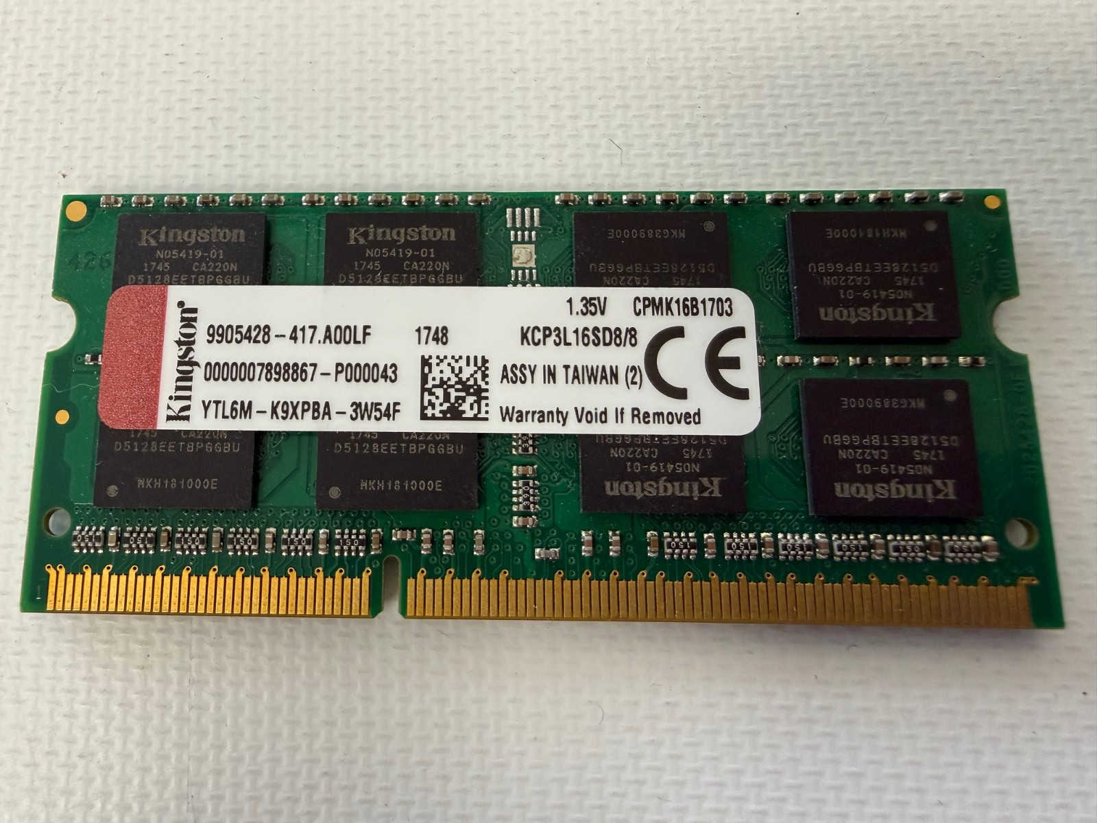 KINGSTON KCP3L16SD8/8 8GB DDR3 2RX8 SODIMM