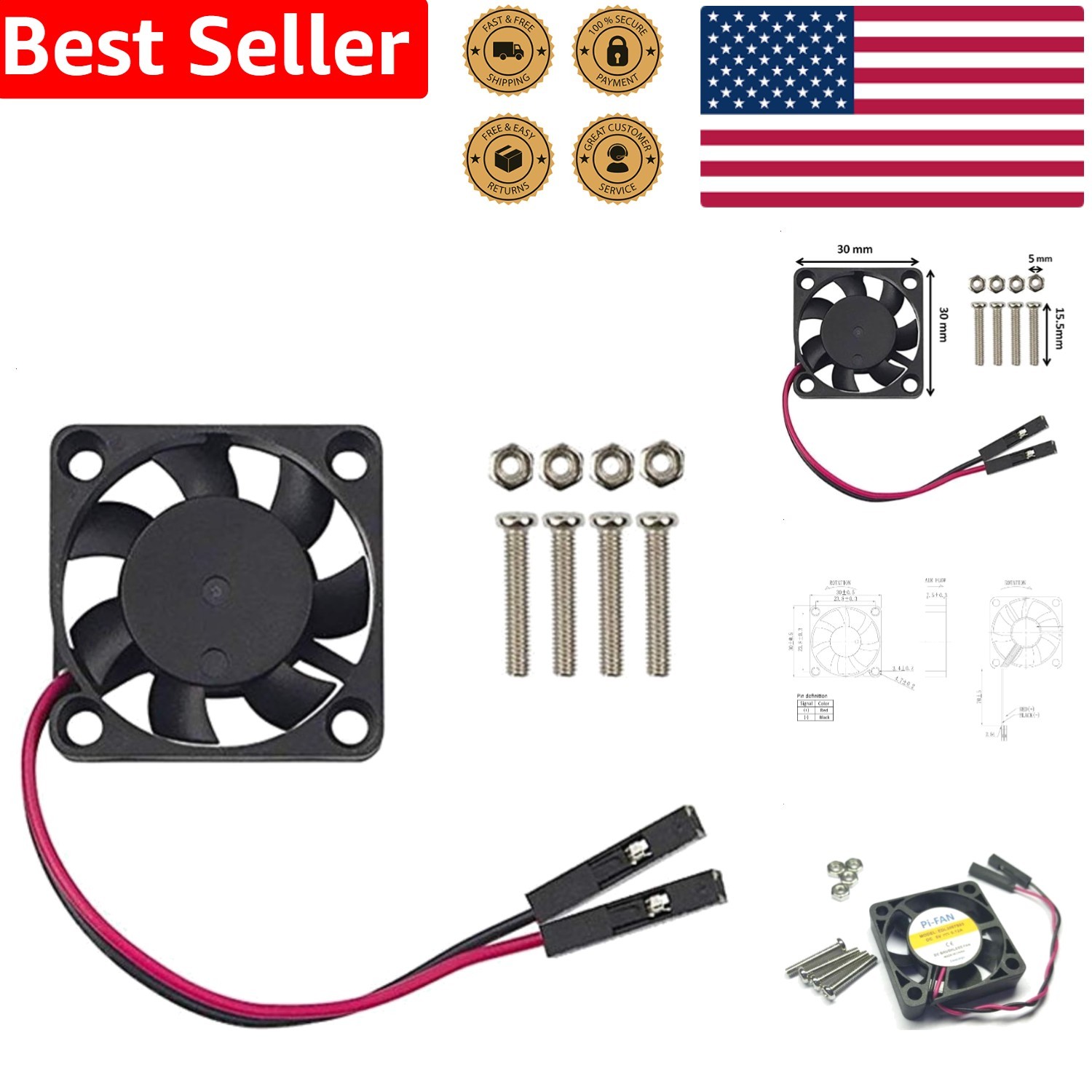 Quiet Raspberry Pi Fan 30mm Black 3.3V 5V DC Brushless for Pi 4 3 B+ RetroFlag