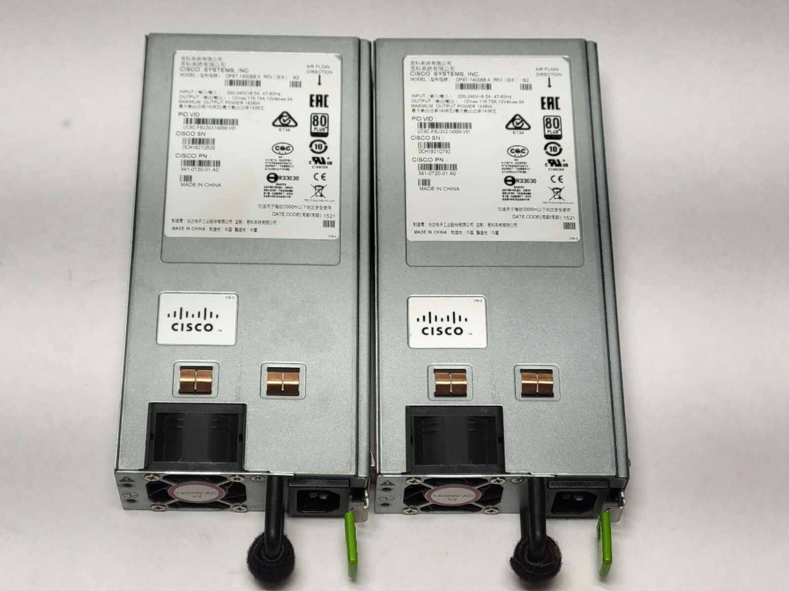 Cisco UCS Hot Swap 1400W 1U Server Power Supply DPST-1400BB 341-0720-01 Lot of 2