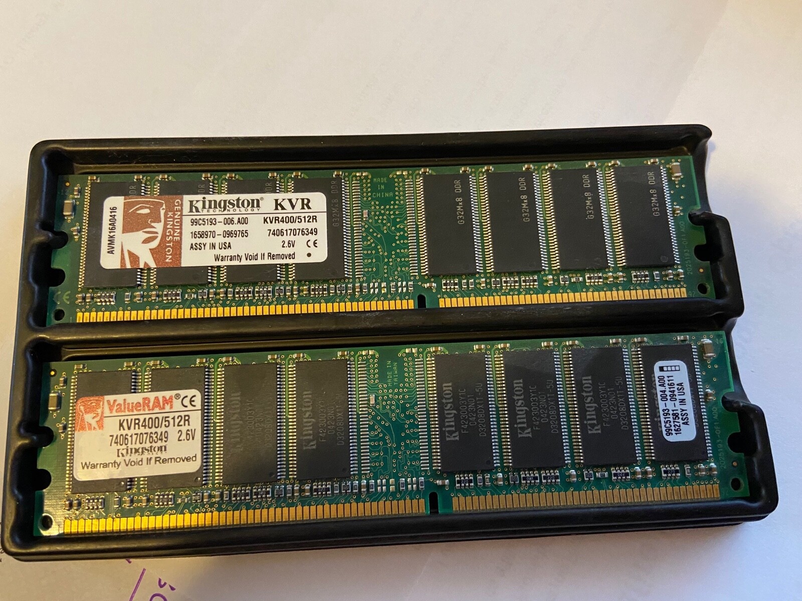 Kingston 512MB Ram KVR400/512R 2.6V 740617076349 012517DBE2 X 2 USA MADE