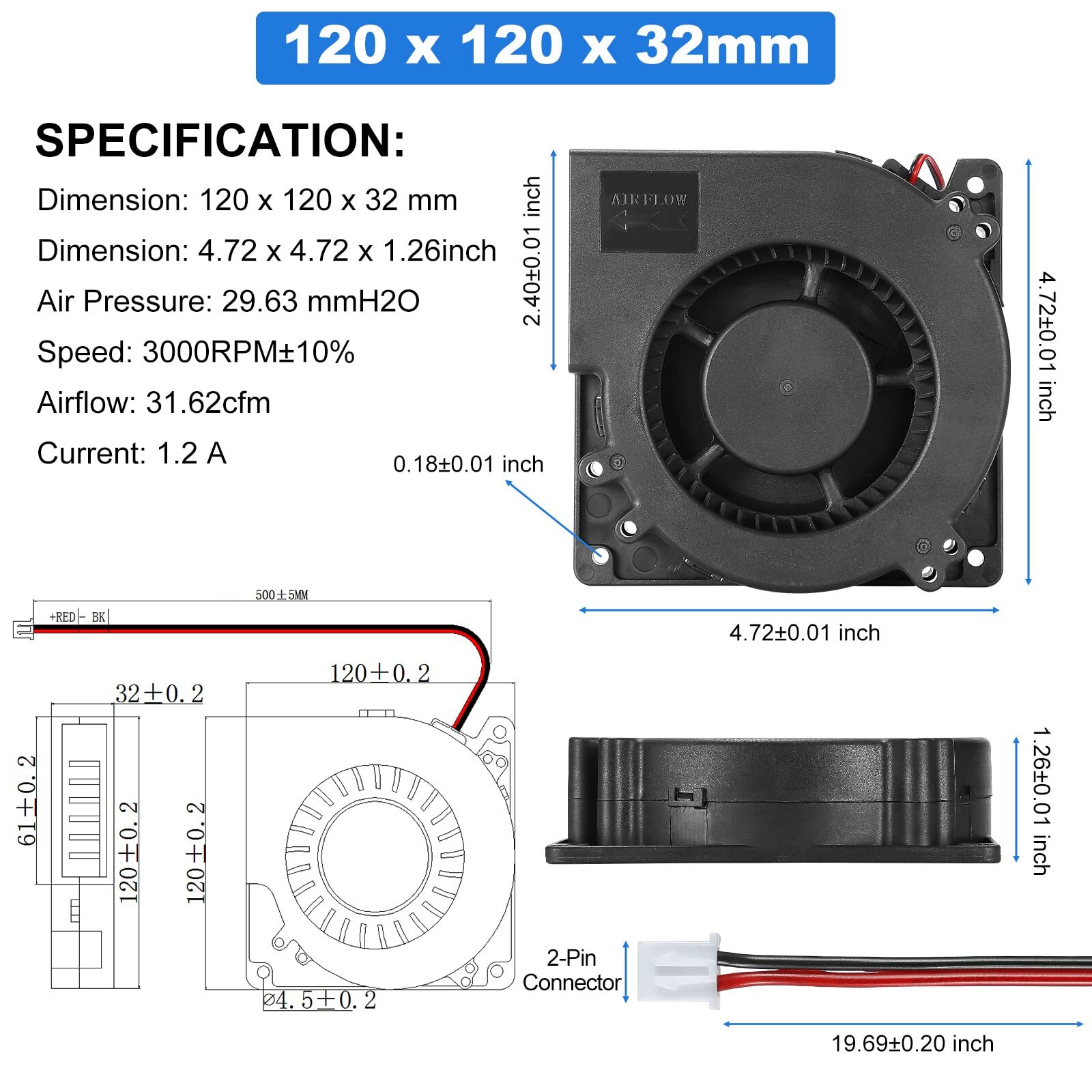 12v Dc Blower Fan 120mm X 32mm 4.72inch 2pin High Airflow Moistureproof Brushles