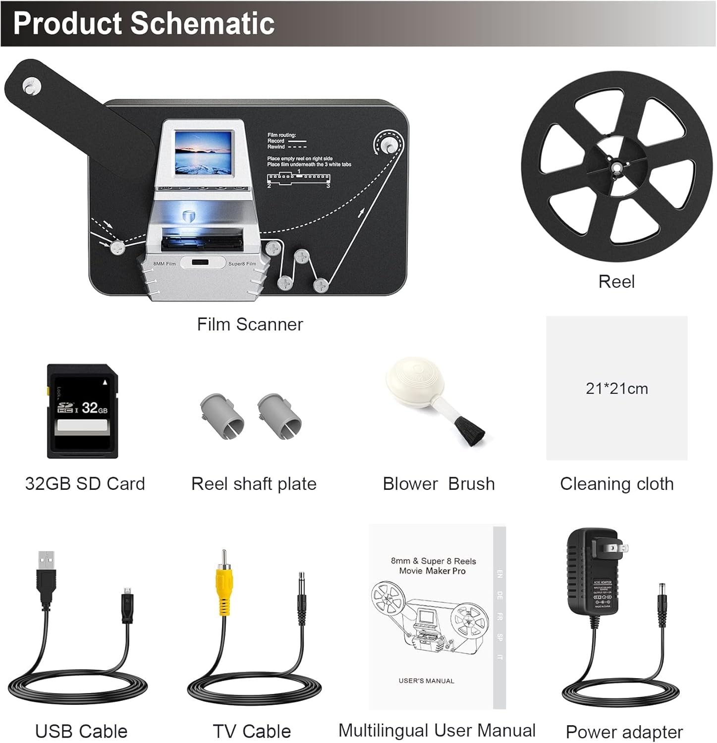 8mm & Super 8 Film to Digital Converter, Scanner Digitizer with black