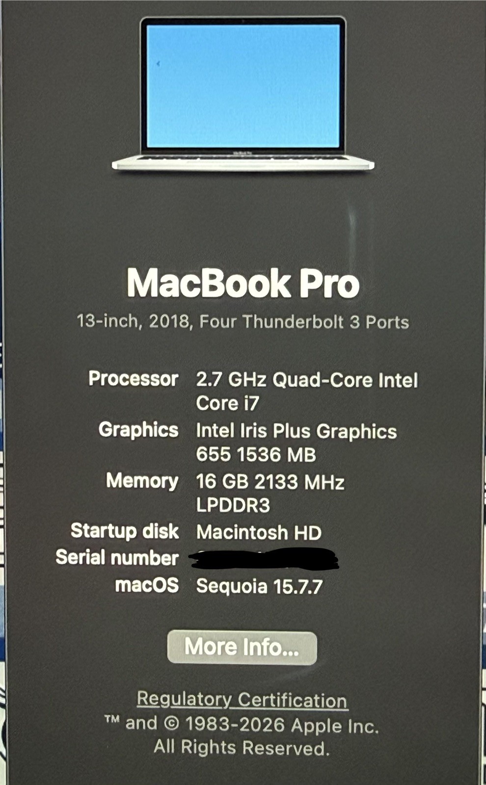 Apple MacBook Pro 13″ 2018 2.7Ghz Quad-Core i7 16GB 1TB Touch Bar