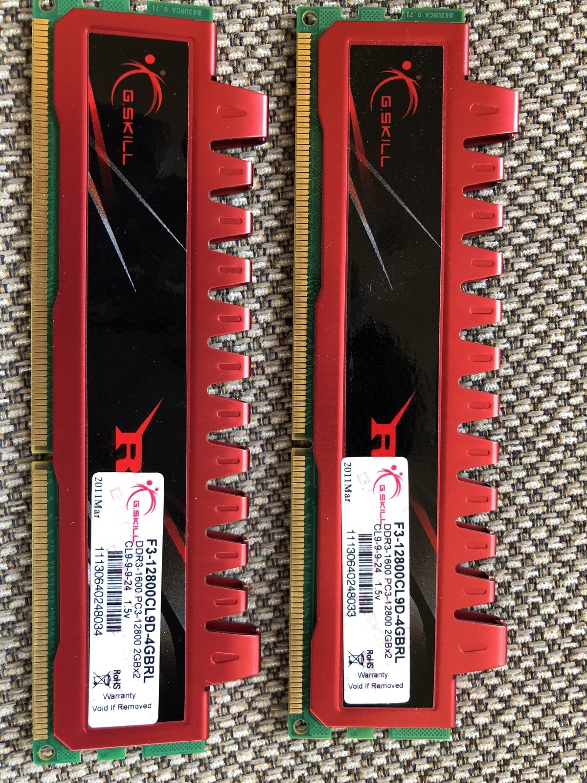 Two piece G. SKILL, 4GB F3-12800CL9D-4GBRL, Total 8GB