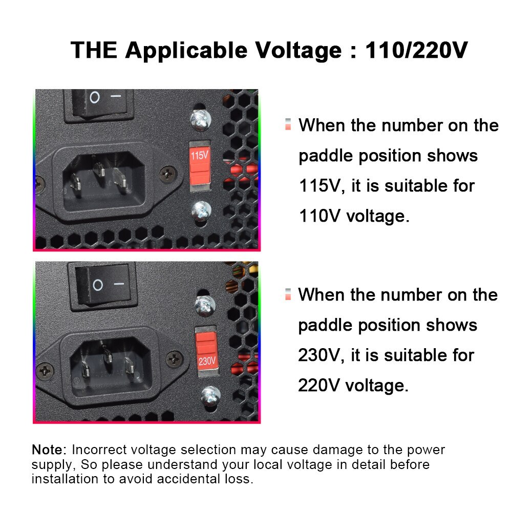 ATX 400W 600W RGB Colorful PSU 110/230V 24Pin 12V Desktop Computer Power Supply