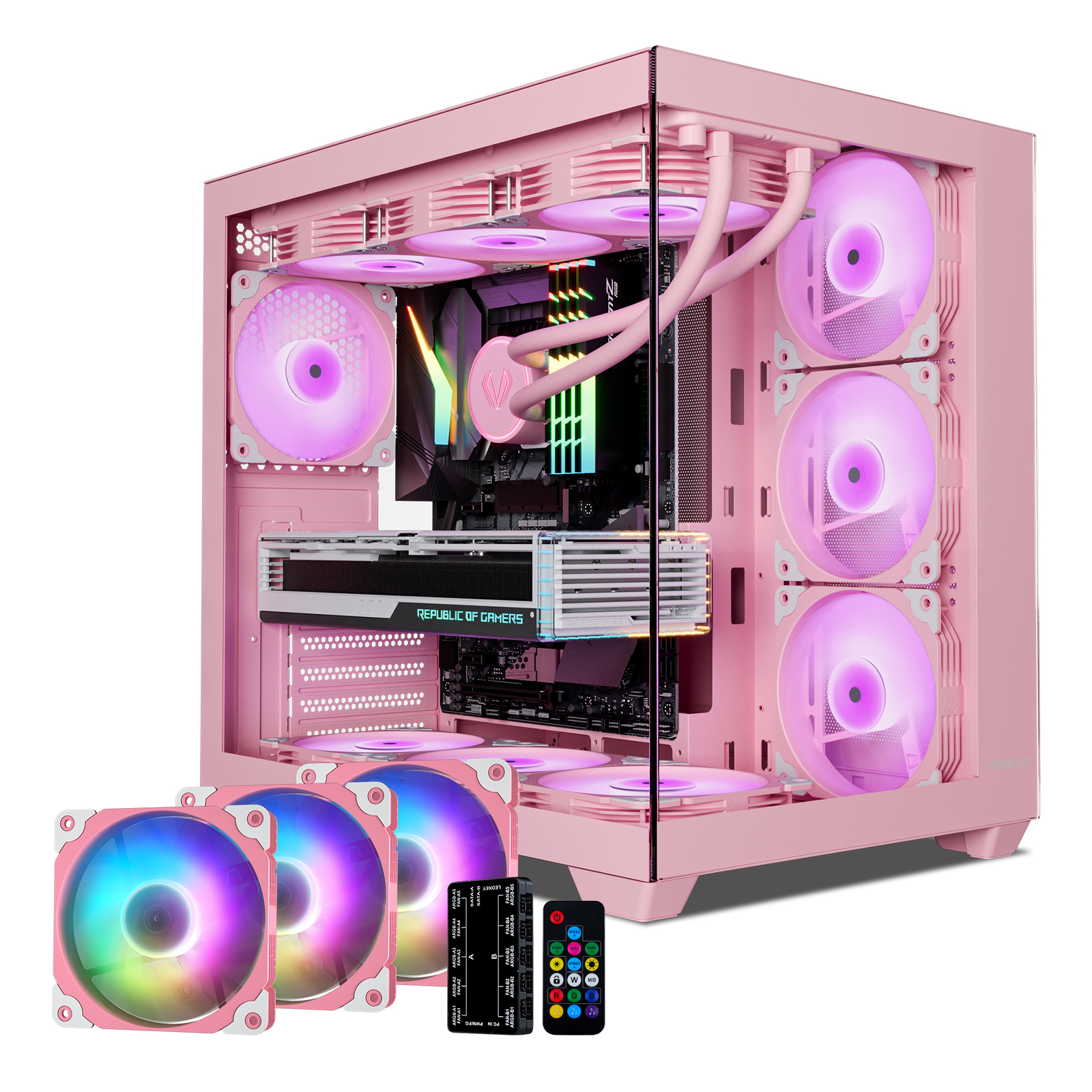 VETROO AL900 Pink E-ATX / ATX / M-ATX Full Tower PC Case w/ 3x ARGB & PWM Fans