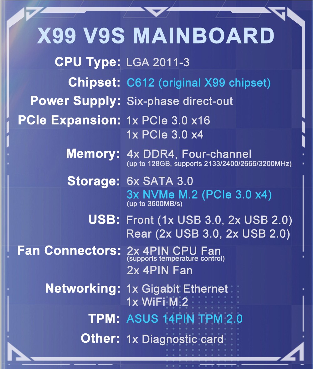 X99 V9S LGA 2011-3 Motherboard DDR4 with PCIe 3.0 SATA 3.0 TPM 2.0 M.2 slot