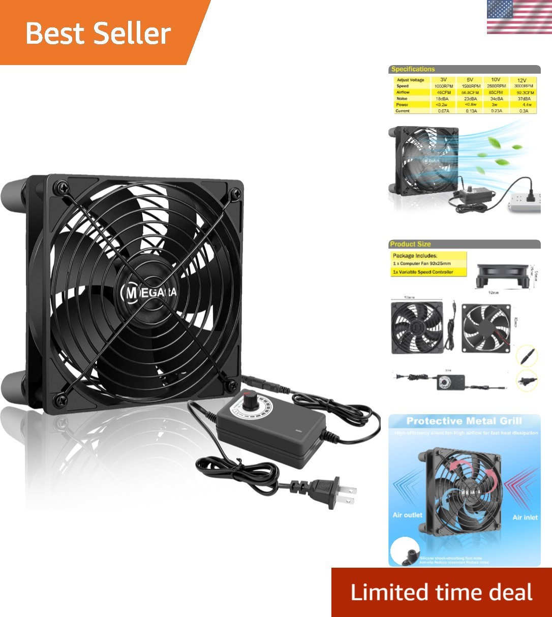Whisper-Quiet 3000 RPM Cooling Fan with AC Plug – 50,000 Hour Lifespan
