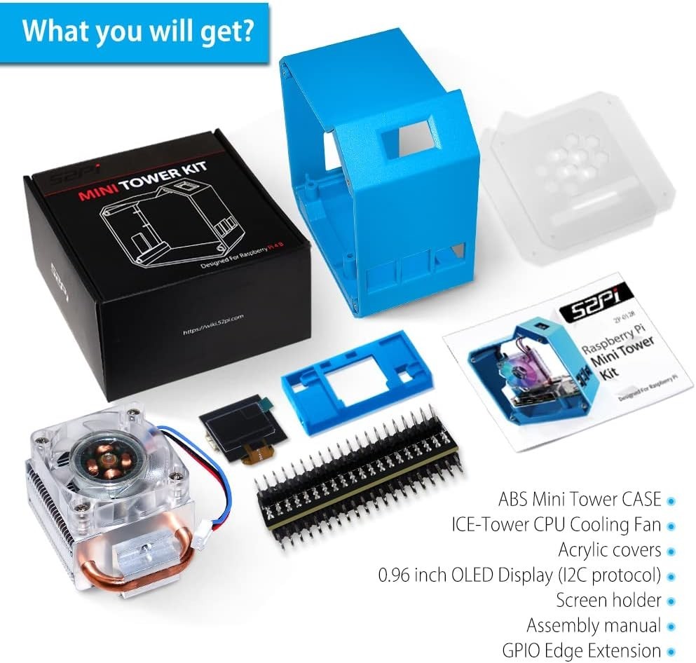 52Pi Mini Tower Kit for Raspberry Pi 4B, ABS Acrylic Case, OLED Display Fan Blue