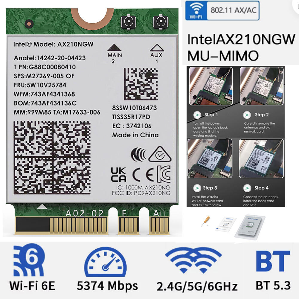 WiFi 6E Card M.2 Intel AX210 WiFi Bluetooth 5.3 Laptop Card NGFF Key-A or Key-E