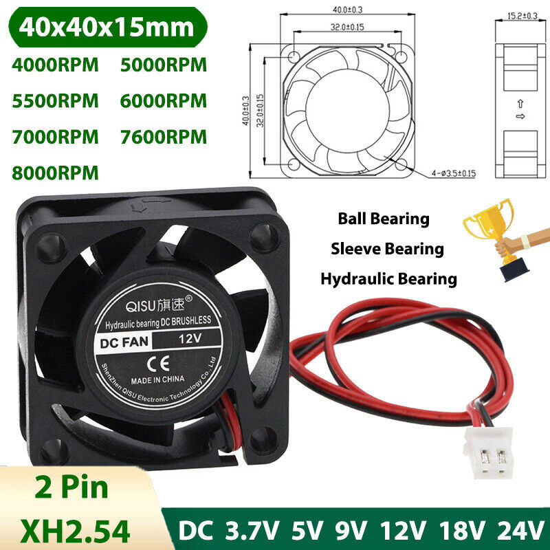 DC Brushless Cooling Fan Mini Silent Fans 3.7/5/9/12/18/24V 4000RPM-9000RPM 4015