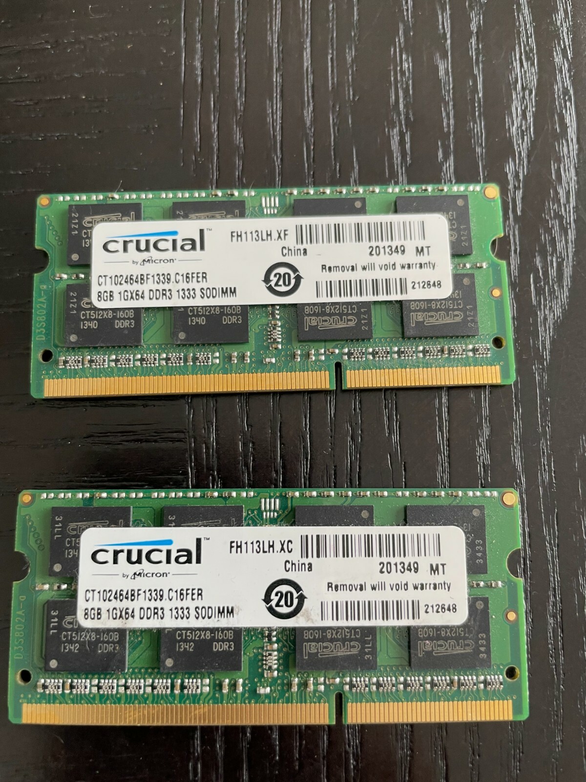 CRUCIAL 8GB 1GX64 DDR3 1333 SO-DIMM 204 LAPTOP MEMORY x 2 total of 16gb
