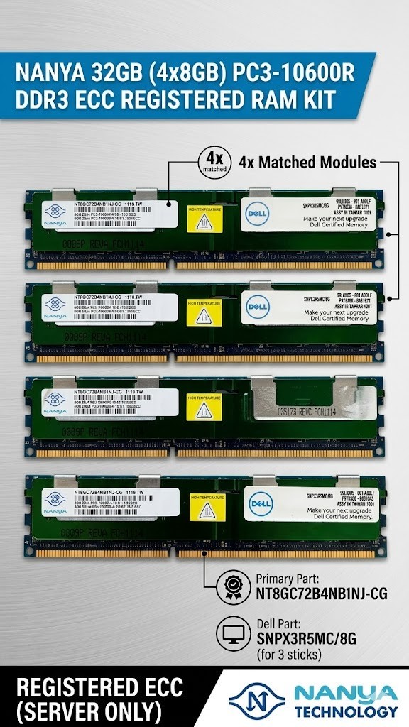 Nanya 32GB (4x8GB) DDR3 PC3-10600R ECC REG RDIMM Server RAM Dell A3078601 SNPX3R