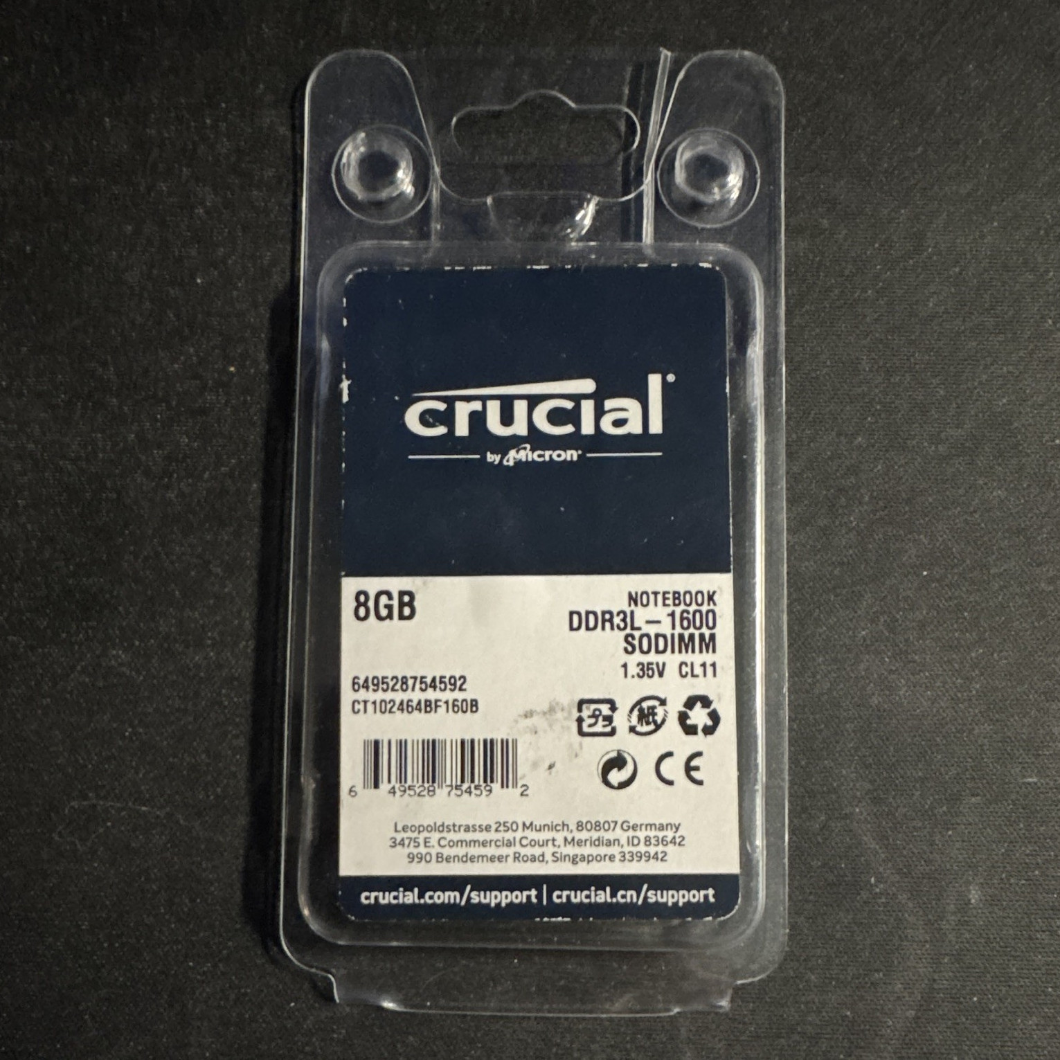 Crucial 8GB DDR3L-1600 PC3L-12800 SO-DIMM 204-Pin Non-ECC CT102464BF160B