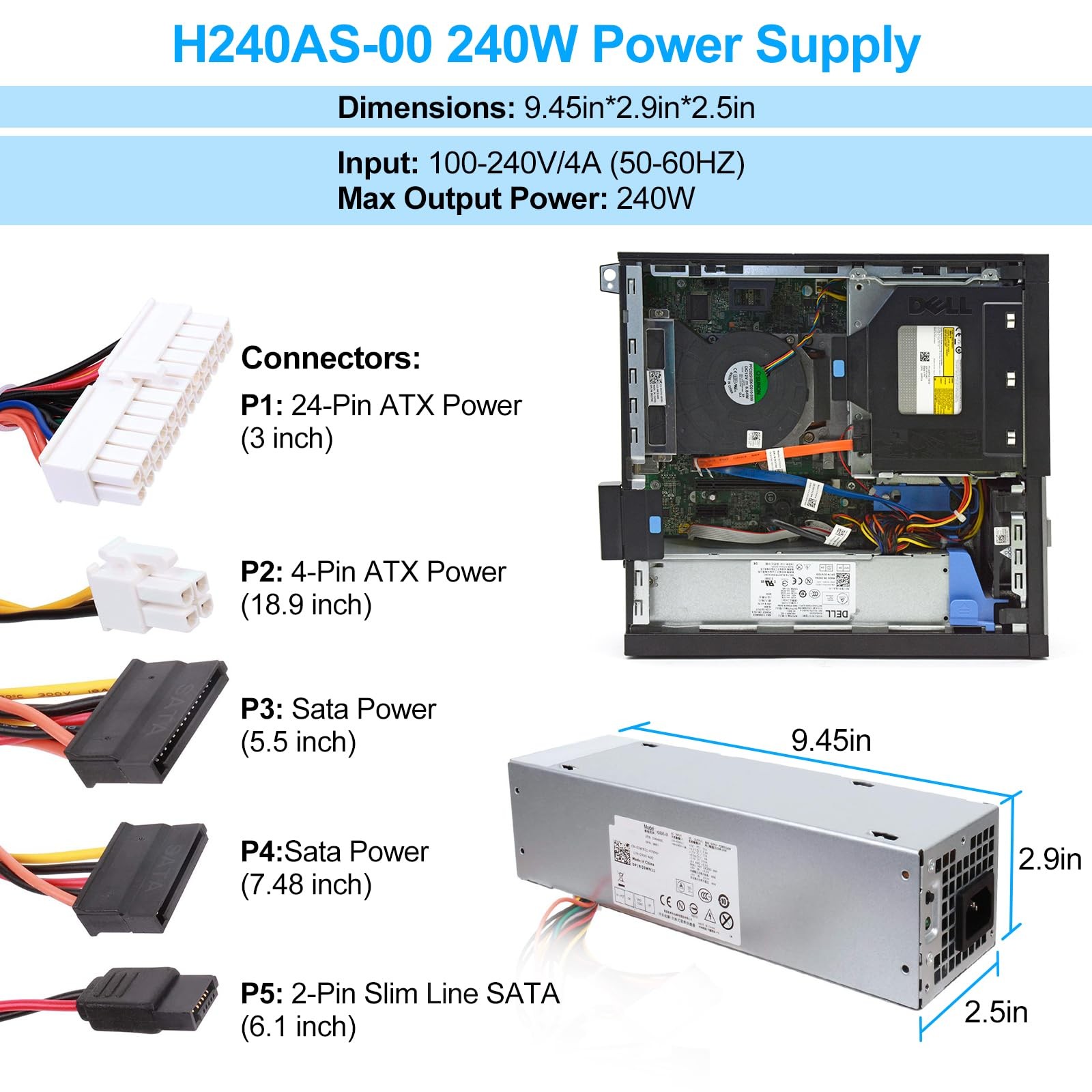 240W Power Supply Unit Replacement for Dell OptiPlex 390 790 960 990 3010 901…