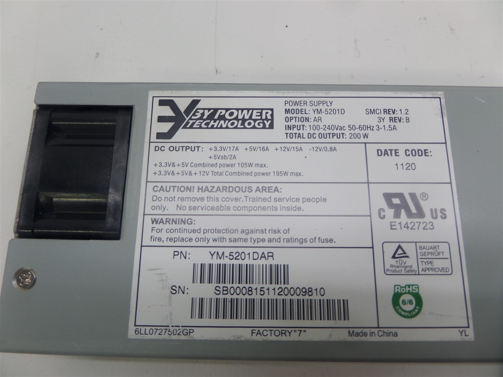 3Y Power Technology YM-5201D 200W Supermicro Server Power Supply Module
